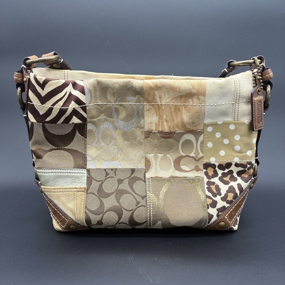 Coach Carly 10814 Y2K Patchwork Signature Hobo Shoulder Bag Brown Tan Canvas
